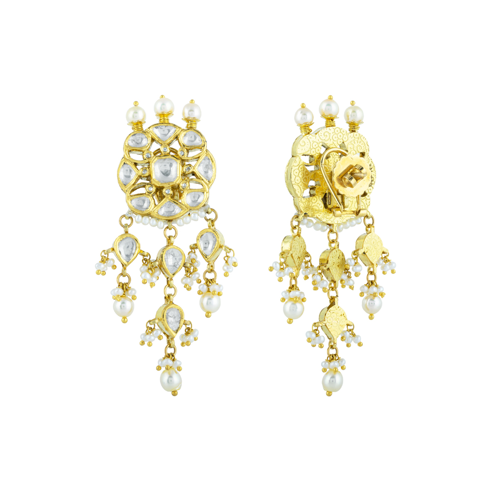 Intricate Gold Polki Earring with Cascading Pearl